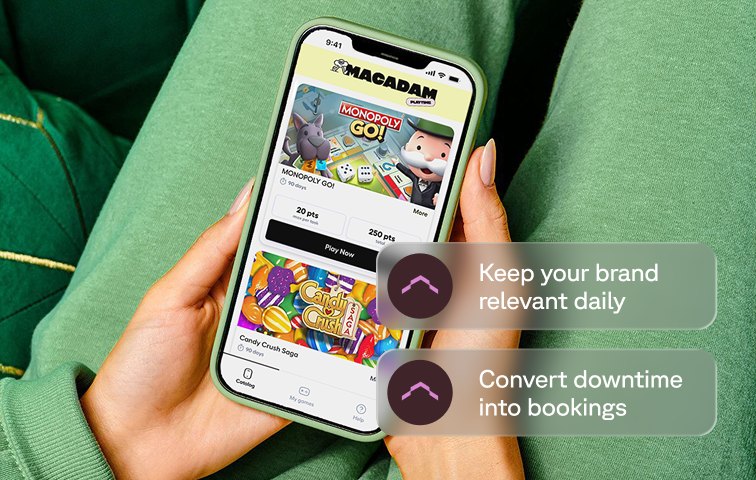 Hands holding a phone showing a game catalogue, with labels about keeping your brand relevant daily