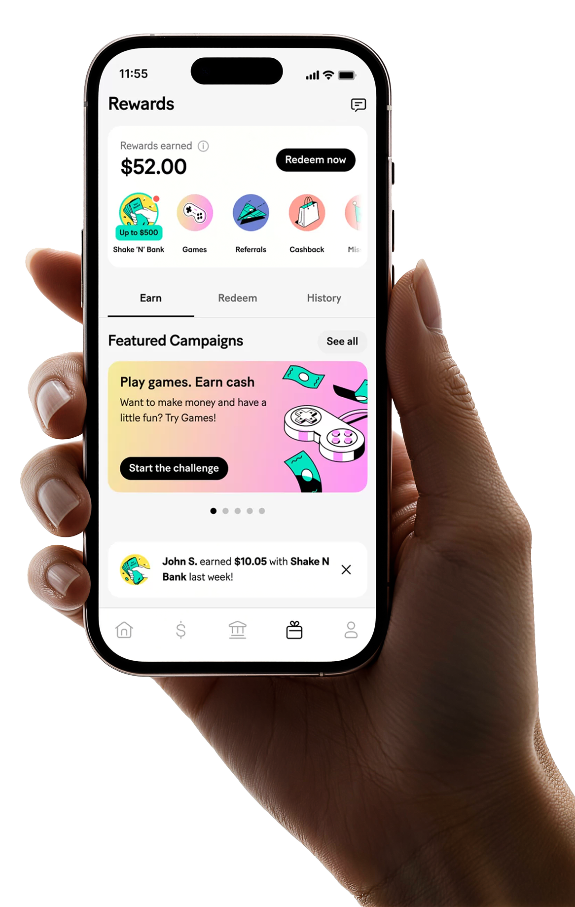 Rewards screen in the adjoe app, held in a hand